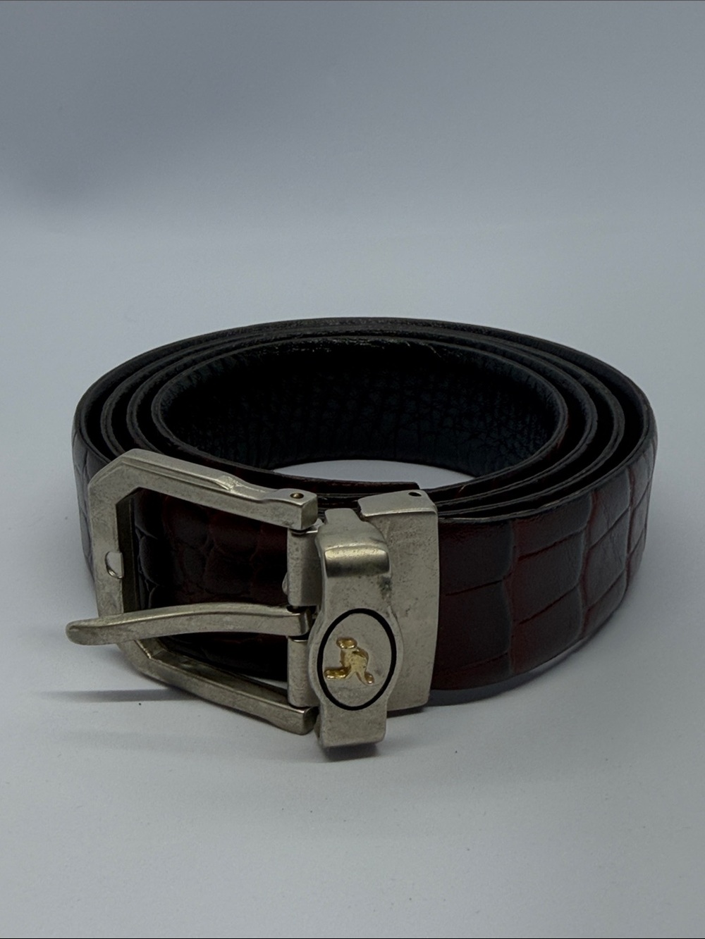 Classic Croc-Embossed Brown Leather Belt with Silver Buckle